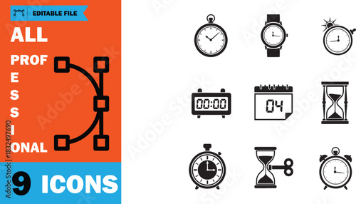 Collection of nine editable time icons presents various types of timing with transparent background