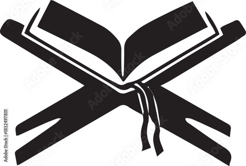 Intricate black art showcases the holy book resting upon a rehal in full view