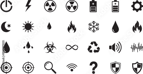 Isolated glyphs array includes energy, radiation, water, fire, recycling and hazard icons on transparent background