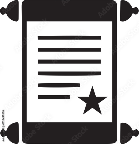 Isolated black scroll displays lined text and a star against a transparent backdrop