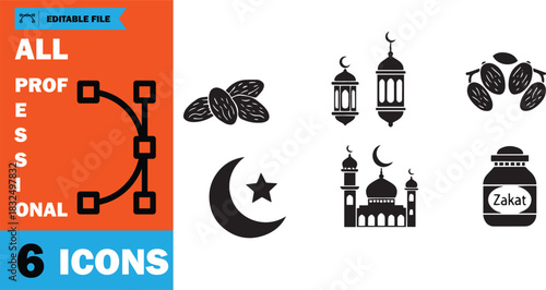 Isolated silhouette icons showcase Islamic symbols, including dates, crescent moon, lanterns and a Zakat donation container