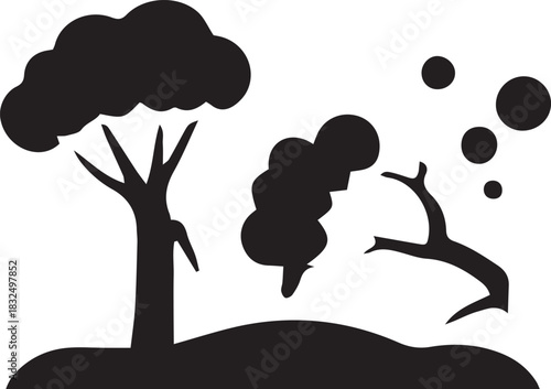 Landscape shows mature tree, younger tree and broken branch floating on ground in black