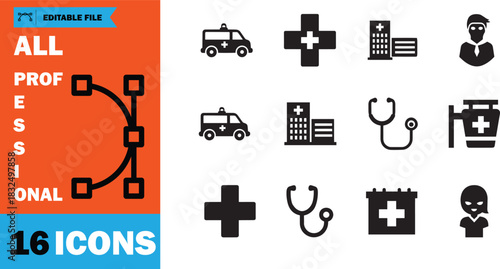 Medical icons show ambulance, hospital, plus sign, doctor, pharmacy and stethoscope in black color
