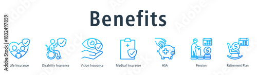 Benefits  Web Banner Outline Gradient icon vector illustration concept with icon of life insurance, disability insurance, vision insurance, medical insurance, hsa, pension and retirement plan