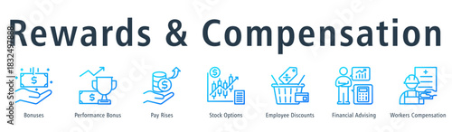 Rewards & Compensation Web Banner Outline Gradient icon vector illustration concept with icon of bonuses, performance bonus, pay rises, stock options, employee discounts and financial advising