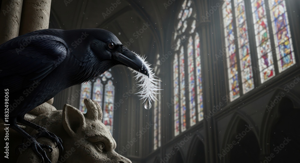 Fototapeta premium Raven perches on gargoyle in cathedral showcasing feather and stained glass detail