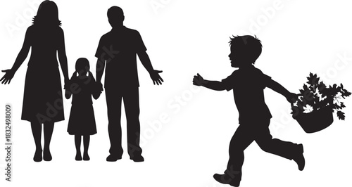 Silhouette of family watching young boy running with flower pot joyfully across transparent background