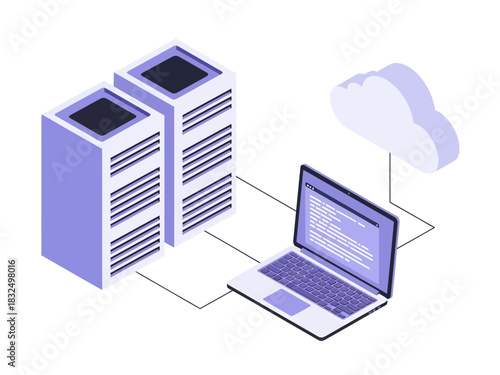 This isometric vector art depicts a laptop running code connected via lines to dual server racks and a floating cloud, representing the integration of local development with cloud infrastructure