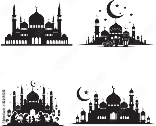 Silhouette shows several mosques and a family praying together under the moonlight in transparency