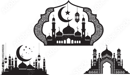 Silhouette style black mosque landmarks are featured with moons, stars, and lamps against white
