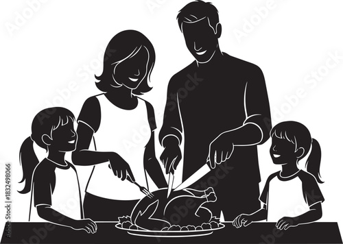 Silhouetted family including two daughters carves roasted turkey dinner together on white background