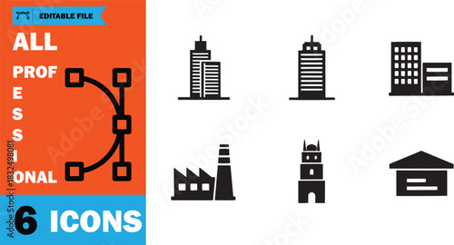 Six diverse black building silhouettes are presented with editing nodes on a split background