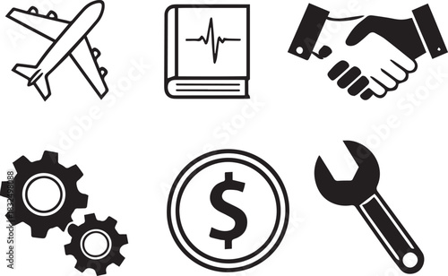 Six simple black icons represent transportation, finance, medicine, engineering, and agreement on white background