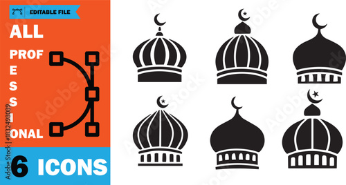 Six mosque domes appear in black silhouette with crescent and star on top