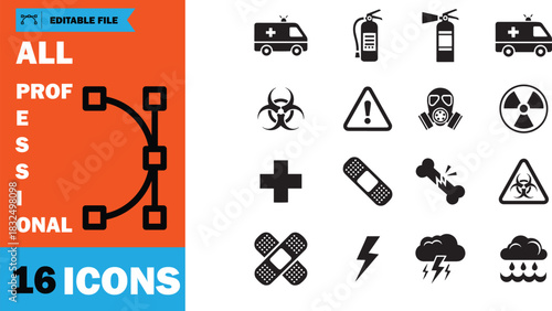 Sixteen icons display medical and environmental hazards, including an ambulance, cloud with rain, and warning symbol
