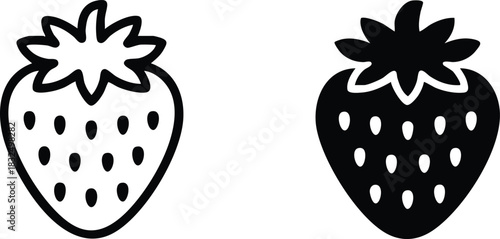 Strawberry Icon Set (Outline and Solid), Black and White Fruit Graphics, Simple Strawberry Clipart, vector, illustration, silhouette.