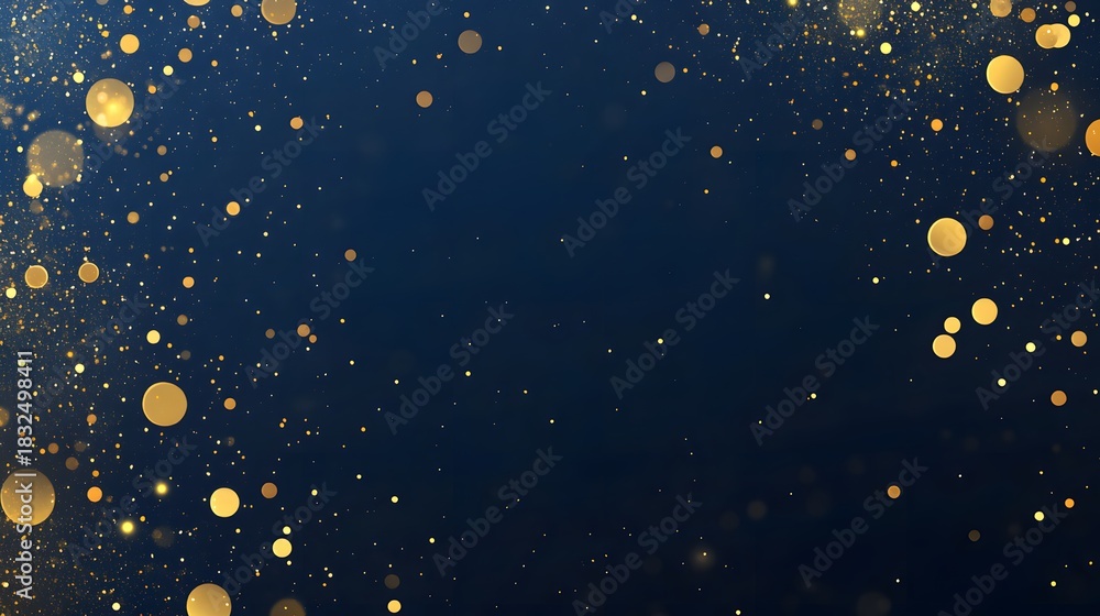 Fototapeta premium Abstract dark blue and gold particle background with Christmas golden light bokeh, shining particles on navy blue, gold foil texture, festive holiday concept