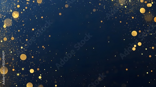 Abstract dark blue and gold particle background with Christmas golden light bokeh, shining particles on navy blue, gold foil texture, festive holiday concept