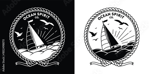 Vintage sailing boat with sun and birds in a circular emblem with rope border and the text ocean spirit co