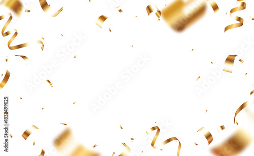 Falling Gold confetti, streamers and ribbons background, Shiny golden paper pieces fly