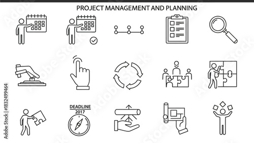 Project management and planning icons in outline style.