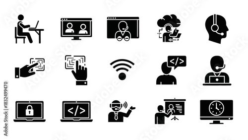 Collection of black and white online education icons.