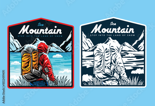 adventure logo featuring people hiking in the snow with monochrome version