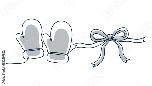 Minimalist winter mittens and ribbon illustration