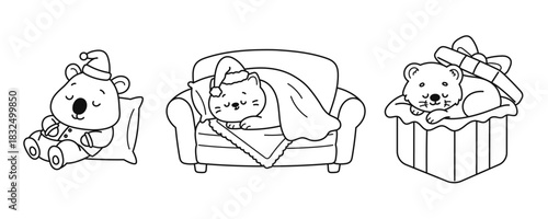 Cute Winter Animals Sleeping Set. Black and White Outline Flat Cartoon Style Vector Illustration