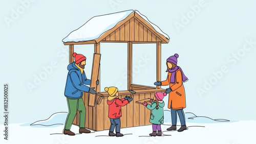 Family builds a wooden structure in the snow during winter
