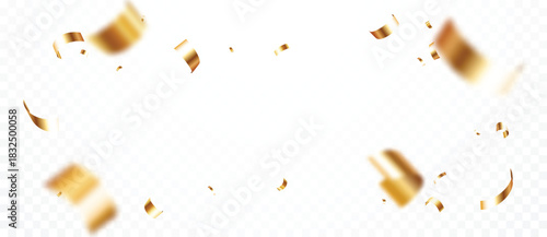 Falling Gold confetti, streamers and ribbons background, Shiny golden paper pieces fly