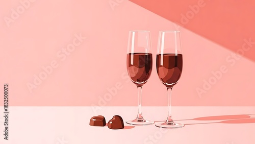 Two elegant champagne flutes with heart-shaped chocolates on a soft pink background. Perfect for Valentine's Day, anniversaries, or romantic celebrations.