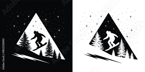 Silhouette of a snowboarder descending a snowy slope with pine trees and stars in a triangular frame, presented in black and white