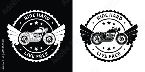 Winged motorcycle emblem with text ride hard live free on black and white background, symbolizing freedom and adventure