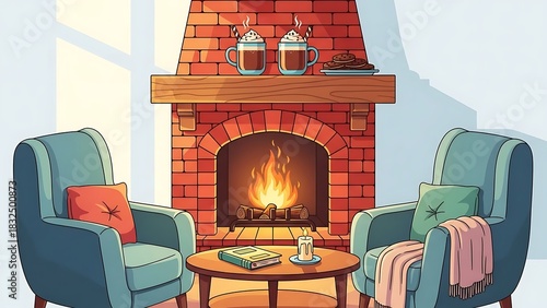 Digital illustration depicting a cozy living room with a roaring brick fireplace, two comfortable armchairs, hot chocolate, cookies, and a book, perfect for home comfort.