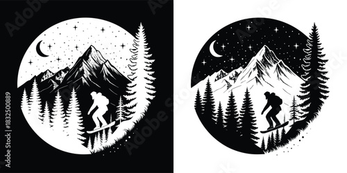 Silhouette of a snowboarder against a mountain and moon landscape, with pine trees, in a circular emblem, available in black and white