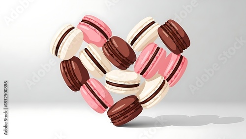 Delicious heart made of pink, white, and chocolate macarons, perfect for Valentine's Day, dessert menus, or celebrating love and sweet moments.