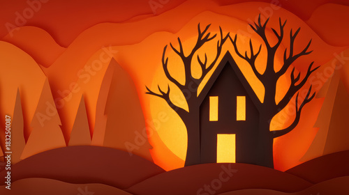 A whimsical paper art scene featuring a silhouette of a house and bare trees against a vibrant sunset backdrop.