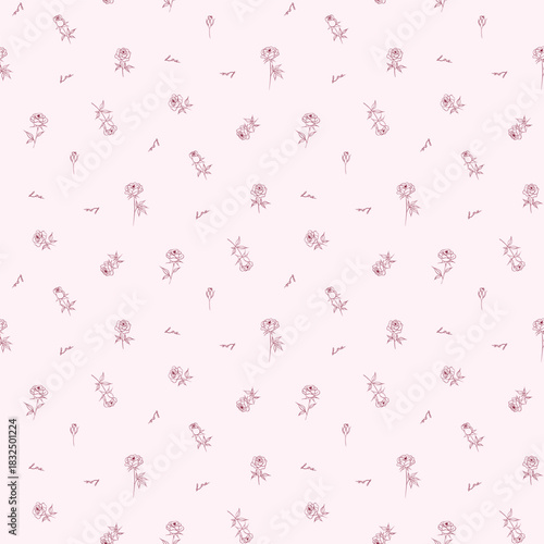 Flower pattern, floral seamless pattern, cottagecore ditsy print, rose flower on pink background. Small hand draw love flower, sweet tone design for fashion, texture, fabric, valentine wallpaper