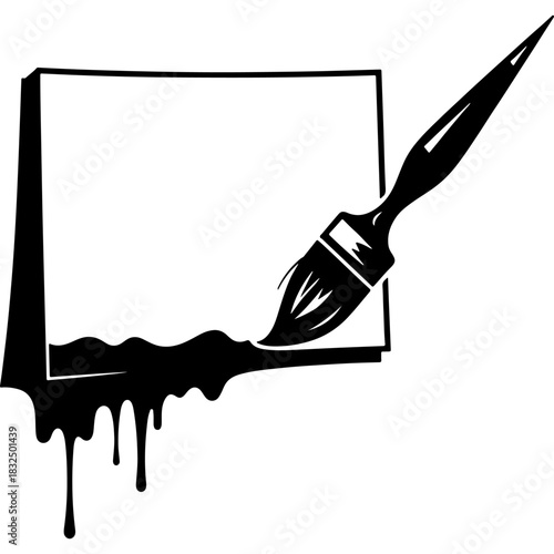 Sketchy emblem of an artist brush paints with streaks of black paint on a white sheet of paper. Engraving minimalistic vector in black ink drawing on transparent background