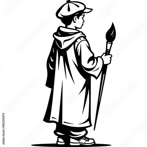 Sketchy emblem of a boy aspiring artist art school student. Engraving minimalistic vector in black ink drawing on transparent background