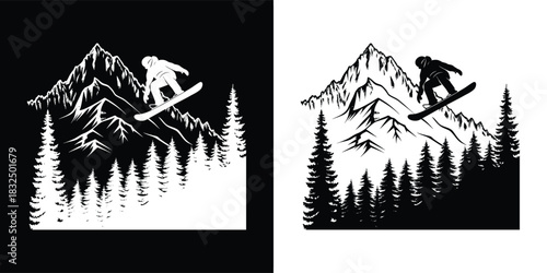 Snowboarder jumping over a mountain range with pine trees, dynamic action shot in black and white