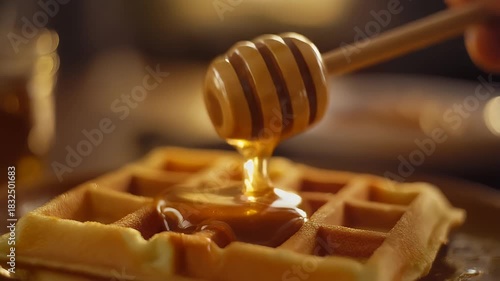 Golden Honey Dripping onto a Freshly Baked Waffle for a Sweet Breakfast Treat.