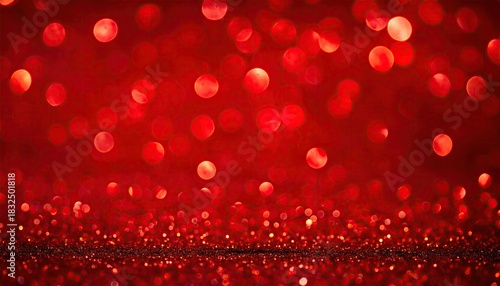 Vibrant Red Bokeh Lights and Glitter Abstract Festive Background.
