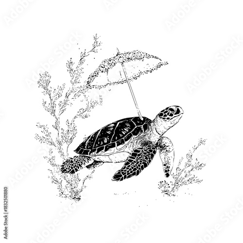 Sea turtle ocean life marine animal wildlife aquatic species reptile umbrella protection conservation art
