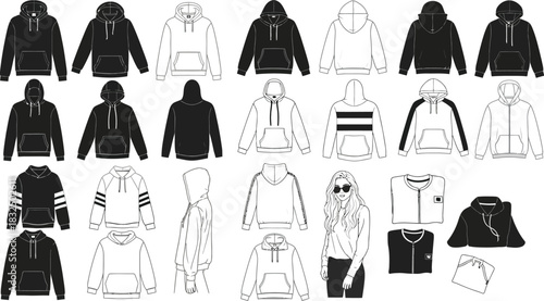 Collection of black and white hoodie and sweatshirt technical drawings