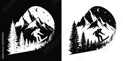 Snowboarder silhouette in mountain landscape with pine trees and starry night sky