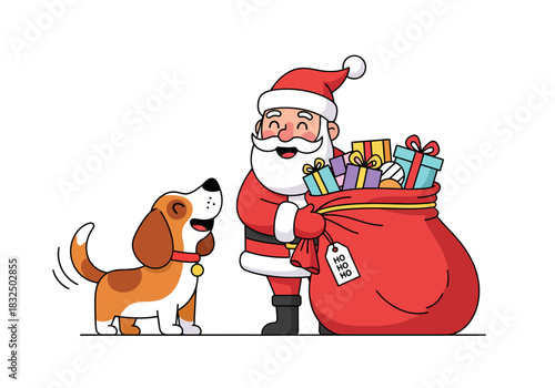 Santa Claus with dog and gift sack