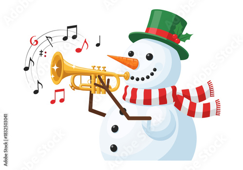 Snowman playing trumpet, Christmas music, winter cartoon