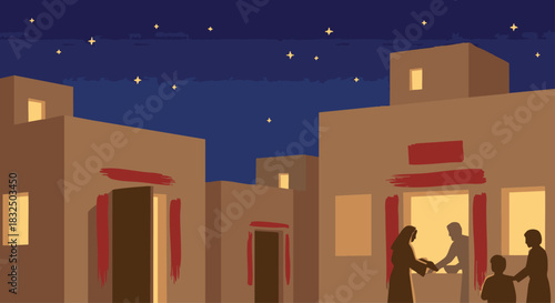 Passover Night
Bible story
Israelite homes marked with symbolic flat-vector blood on the doorposts,